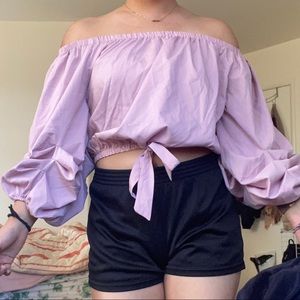 Off shoulder front tie puffy sleeve blouse